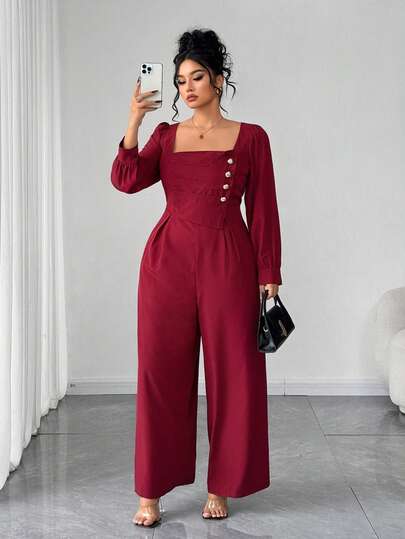 Elenzga Plus Size Elegant Jumpsuit With Square Neckline, Flattering Design, Versatile For Valentine's Day, Christmas