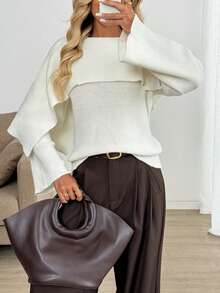 EMERY ROSE Nuevo suéter elegante con decoración de botones, top de punto de estilo minimalista europeo y americano - Beis - Ver 1