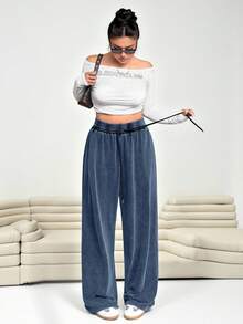 Solflare 加大码黑色直筒宽松休闲裤，植绒雪花设计 - 淺藍色 - 查看 4