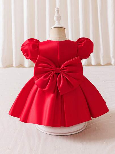 Glamorique Kids فستان أنيق مزين بالخرز والفيونكة مع أكمام منفوشة للبنات الصغيرات