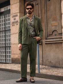 HIMLAND Bộ vest nam màu trơn cổ ve áo, tay dài, hai hàng cúc, gồm áo blazer và quần tây, thích hợp mặc đi đám cưới. - xanh quân đội - Xem 3