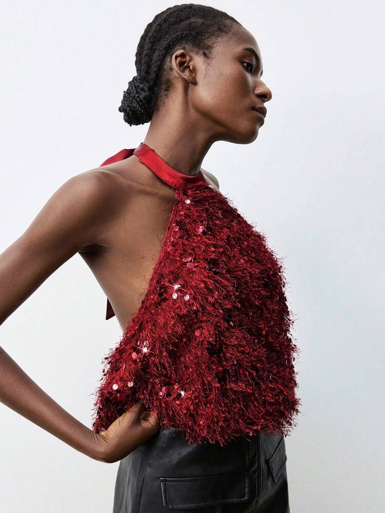 SHEIN Maija Top sexy dos nu à paillettes et patchwork pour femmes, costume d'Halloween. Tenue pour le Nouvel An et les sorties. Top pailleté rouge pour les fêtes de Noël et du Nouvel An pour femmes