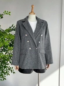 SHEIN LUNE 大码女式秋冬花卉灰色翻领长袖西装外套，加厚保暖，复古富贵风格，商务休闲，舒适百搭，适合秋冬季节、圣诞节、新年、感恩节等各种场合。 - 灰色 - 查看 3