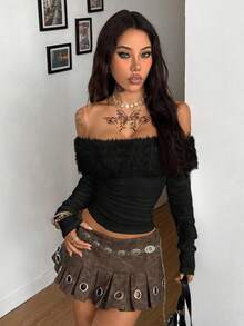 Coolane 女士冬季街头服饰外出嬉皮 Y2K 辣妹温暖/寒冷天气/保暖罗纹针织毛皮露肩白色长袖 T 恤 - 黑色 - 查看 3