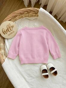 SHEIN Baby Girls' Solid Color Casual Minimalist Button-Front Cardigan - Pink - View 2