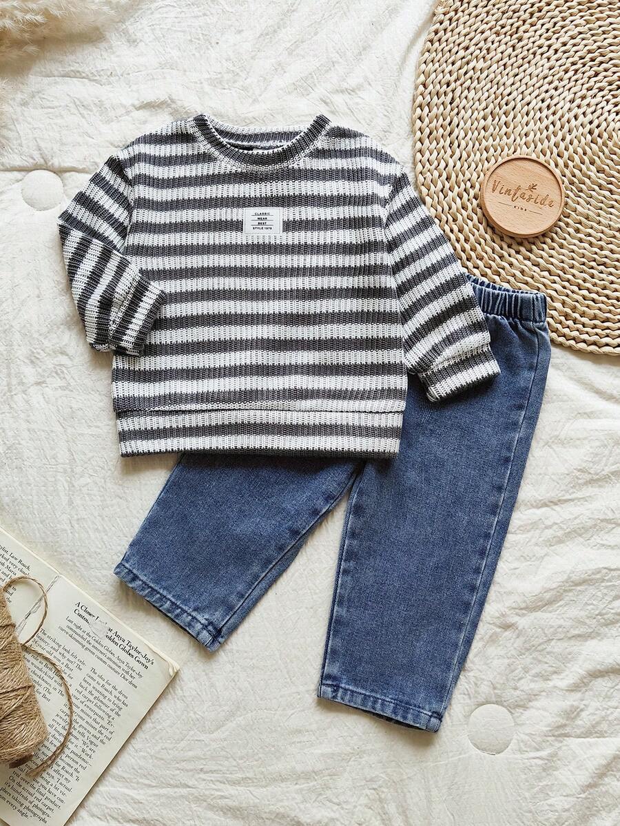 Vintaside Kids 男婴牛仔T恤套装（2件套），黑白条纹绒面面料，春、秋、冬三季保暖，乡村风格，时尚休闲 - 黑與白 - 查看 1