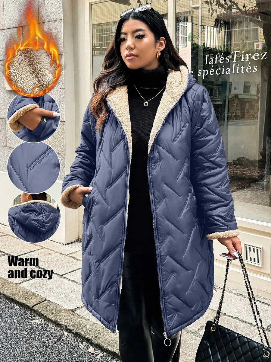 EMERY ROSE Plus Size Winter Clothes Casual Hooded Thermal Lined Padded Padded Coat - Navy Blue - View 1