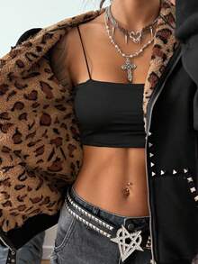 StreetHx Áo nỉ nỉ họa tiết da báo đinh tán phong cách Street Subculture dành cho nữ - màu đen - Xem 6