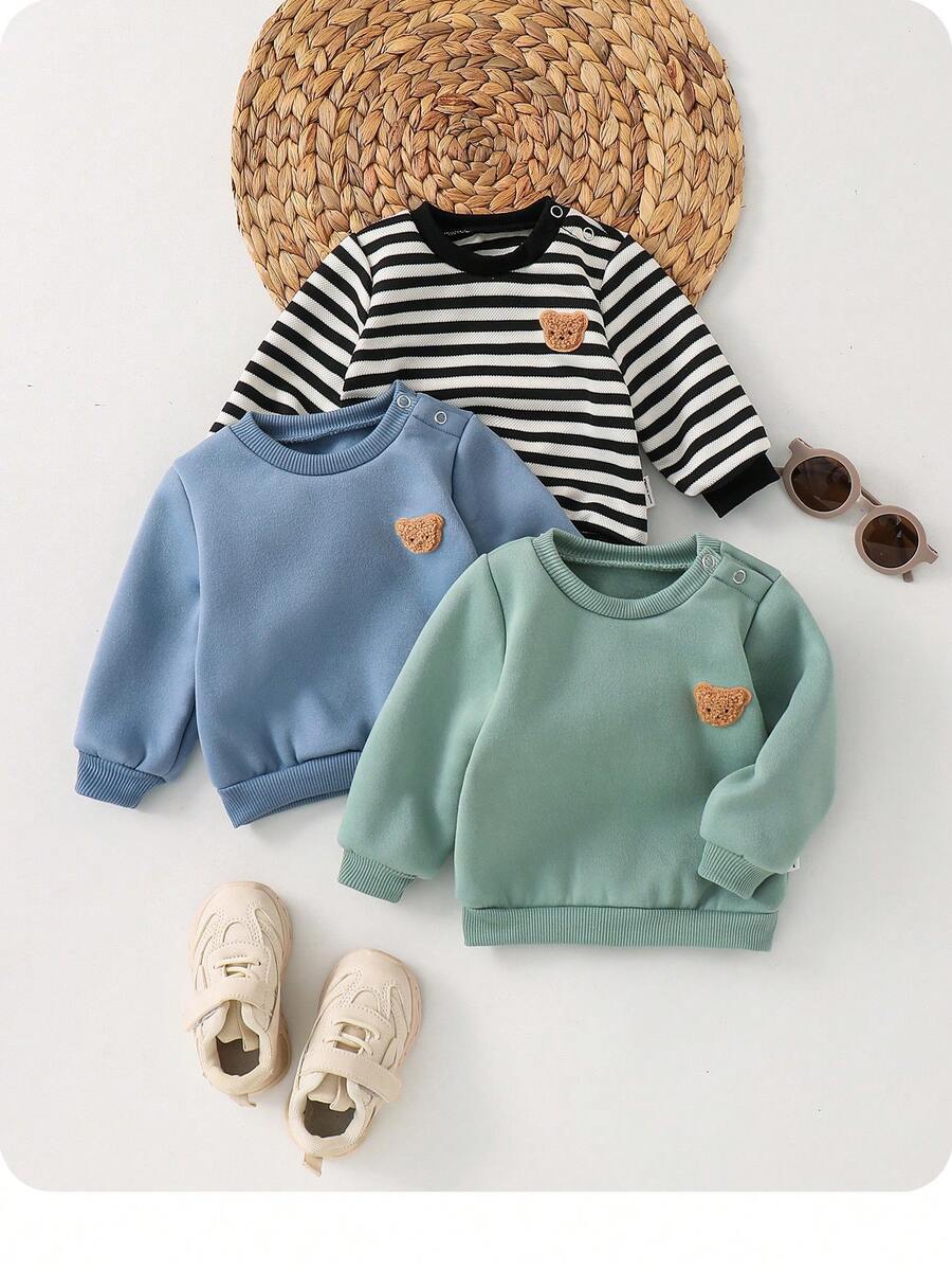 Bộ 3 áo nỉ dài tay họa tiết hoạt hình sọc kẻ dễ thương cho bé sơ sinh, áo thun dài tay cho bé trai và bé gái, thích hợp mặc mùa thu, quần áo trẻ em dễ thương cho cả bé trai và bé gái. - Nhiều màu - Xem 1
