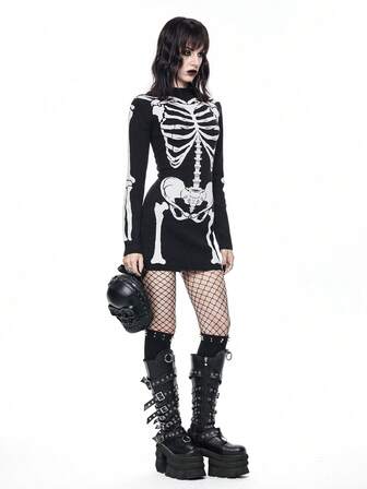 Goth Abito maglia jacquard a motivo scheletro gotico per donna