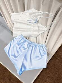 SilkySpell 缎面可爱波点印花吊带背心短裤女士睡衣套装 娃娃衫睡衣套装 女士短裤睡衣套装 女士短裤睡衣套装 夏季睡衣套装 女士睡衣套装 - 藍色 - 查看 6