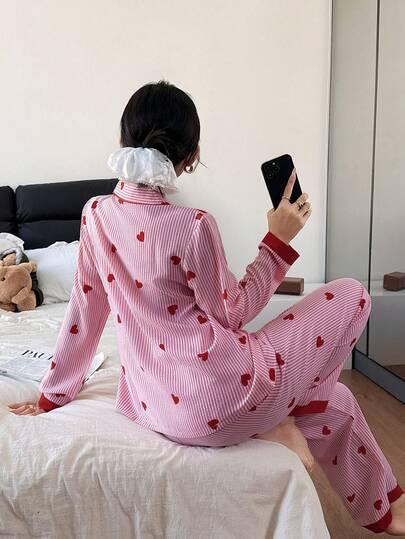 Dream Adore Gestreepte Heart Patchwork Cardigan Collar Pajama Set view 2