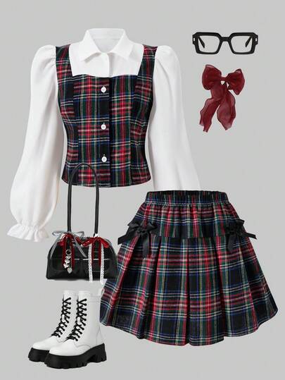 Teen Girls Plaid Collar Puff Sleeve Cardigan Top Paired With Elastic Waist Pleated Skirt, Preppy Style, Suitable For Spring, Autumn & Winter