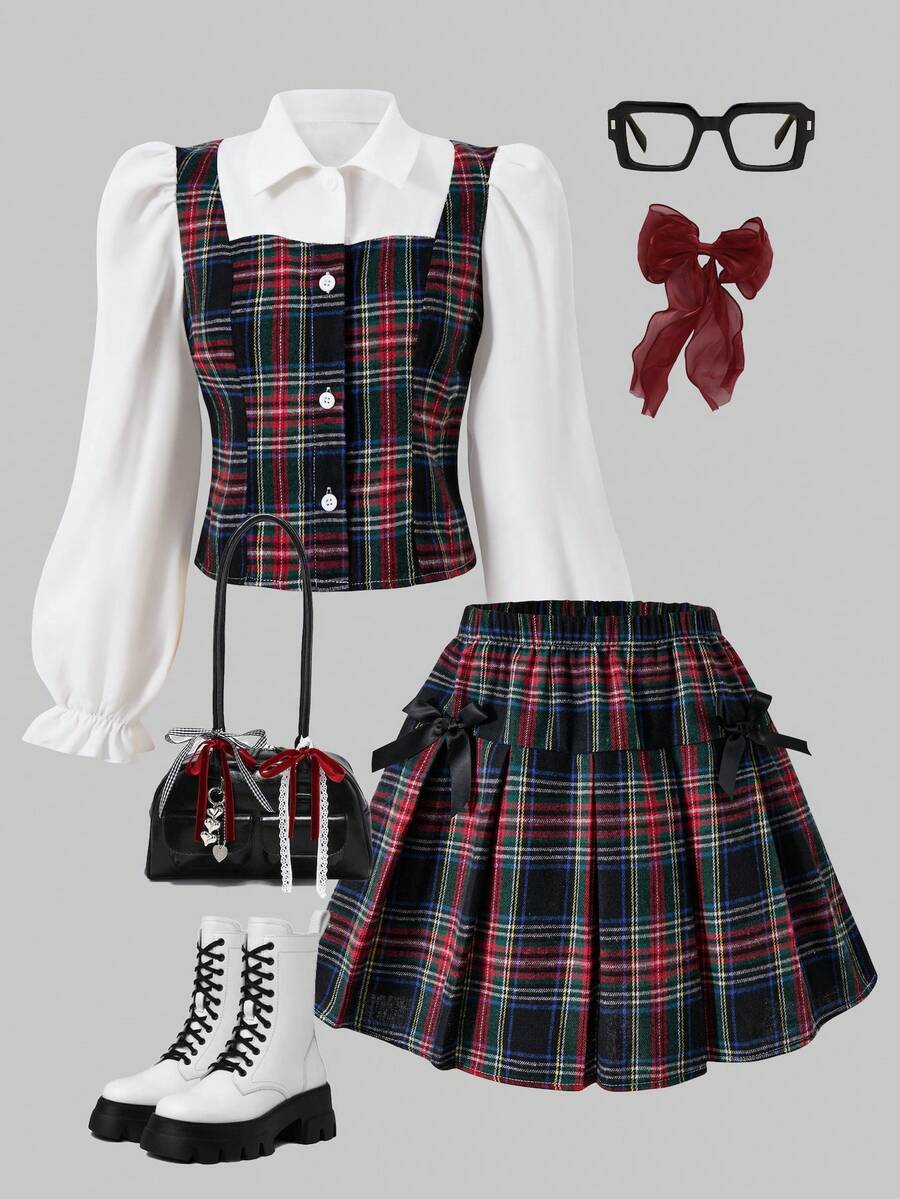 少女格子领泡泡袖开衫搭配松紧腰百褶裙，学院风，适合春、秋、冬季穿着。