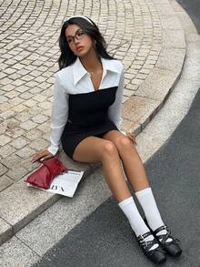 SHEIN EZwear Women's Contrast Color Long Sleeve Cropped Top And Bodycon Mini Skirt Casual Suit,Preppy Outfits - Black and White - View 1