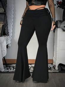 Flirla Fall Autumn And Winter  Grunge Punk Plus Size Fashionable Punk Ripped Lace-Up Flare Pants - Black - View 3