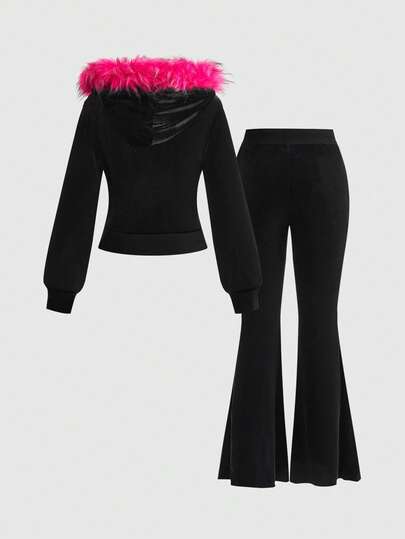 J-Fashion Ensemble 2 pièces pour femmes comprenant un sweat-shirt à capuche en velours bicolore avec patchwork de fausse fourrure et un pantalon évasé, avec décoration de strass en forme d'étoile