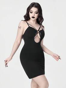 ROMWE Gothic Metal Buckle Modal Camisole Dress Sleepwear - Black - View 5