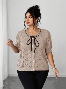 Elenzga Plus Size Contrast Color Round Neck Regular Shoulder Puff Sleeve Casual Front Button Hollow Out Casual Knit Cardigan - Khaki - View 4