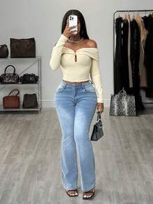 BamGleam Women's Fashionable Sexy Solid Color Hollow Off Shoulder T-Shirt - Apricot - View 6