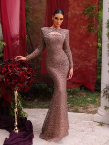 Glamrae Elegant Formal Prom Rehearsal Dinner Brown Mermaid Gown, Sequined Embroidery Handmade Diamond Embellishments, Round Neck Sheer Bodice Long Sleeve Gala - Coffee Brown - View 3