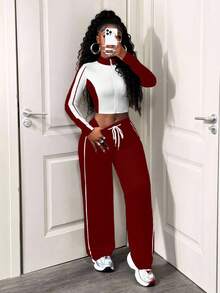 SHEIN BamGlam Bộ đồ thường ngày 2 món cho nữ, thiết kế khối màu, áo khoác dài tay có khóa kéo và quần dây rút, mùa thu - Màu Đỏ Sâu - Xem 5