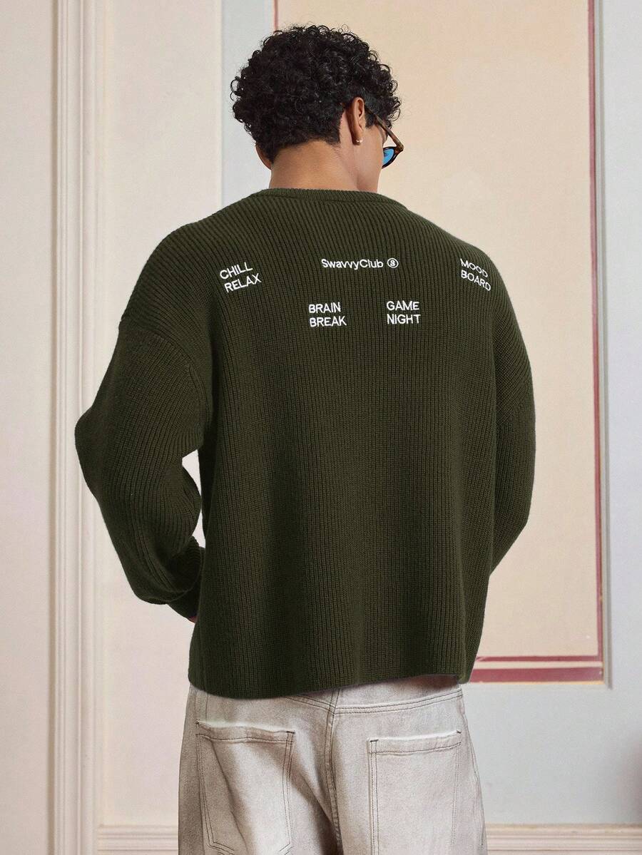 SWAVVY Jersey de cuello redondo con ajuste holgado para hombre con bordado de eslogan, otoño/invierno - Verde militar - Ver 1