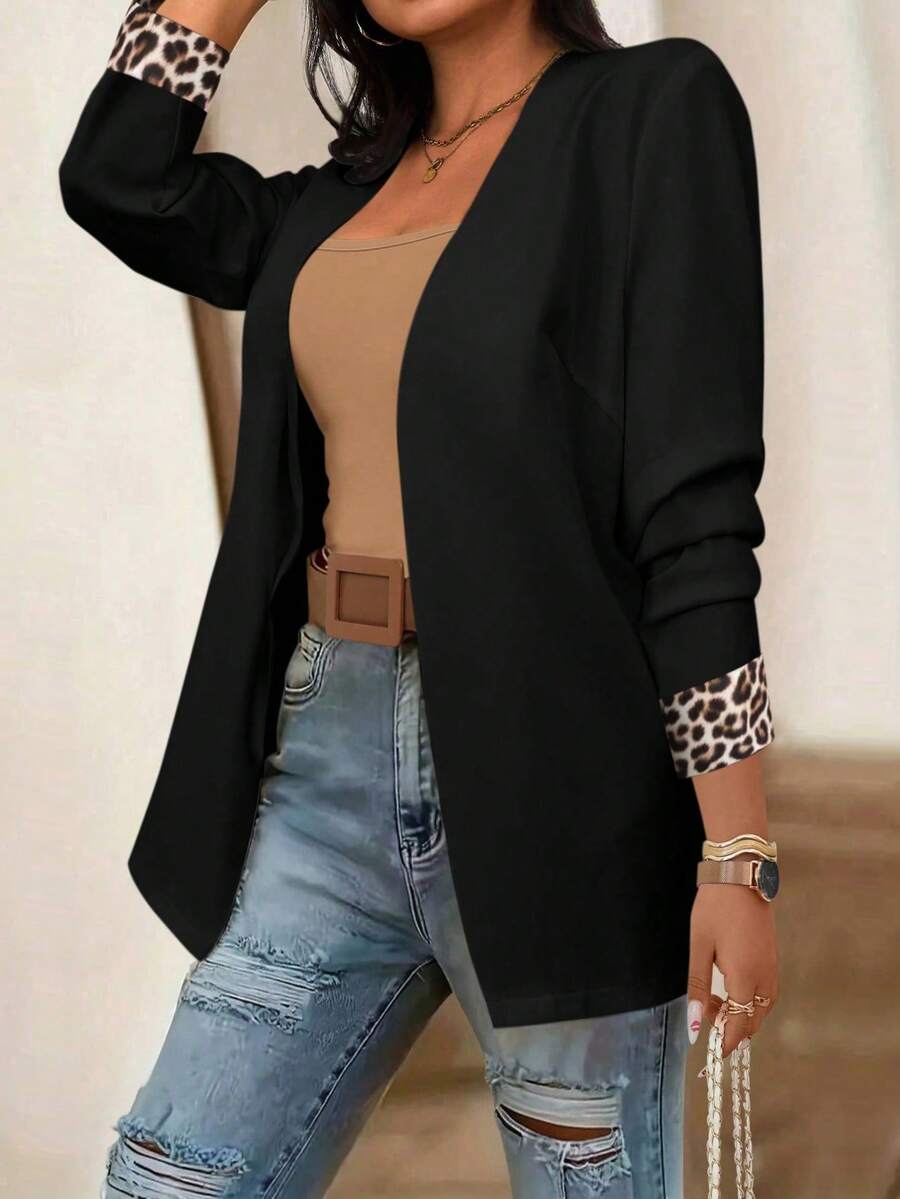 SHEIN PETITE Petite Women Casual Minimalist Leopard Print Patchwork Collarless Blazer, Autumn/Winter