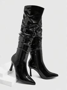 CUCCOO SZL 女士尖头细高跟黑色叠跟性感及膝靴，适合夜总会、派对、聚会 - 黑色 - 查看 4