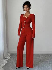 Elenzga Women's Elegant Office Commute Afternoon Tea Party Asymmetric Hem Long Sleeve Blazer Jacket And Elastic Waist Pants 2 Pieces Suit Set, Autumn/Winter - Red - View 5