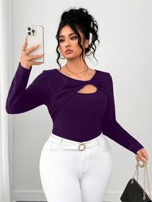 Elenzga Camiseta de manga larga con diseño asimétrico y tela texturizada para tallas grandes - Morado - Ver 5