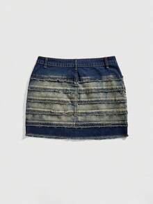 ROMWE Grunge Punk Y2K Faded Distressed Multi-Layer Frayed Patchwork Plus Size Denim Mini Skirt, Subculture Vintage Washed Denim Skirt - Dark Wash - View 2