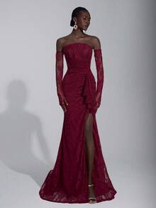 Elitara 优雅奢华的弹力蕾丝露肩无肩带连衣裙，配有可拆卸的薄纱袖子、荷叶边下摆和性感开衩，适合婚礼、派对、度假、晚宴、正式活动、情人节等场合。 - 紫紅色 - 查看 1