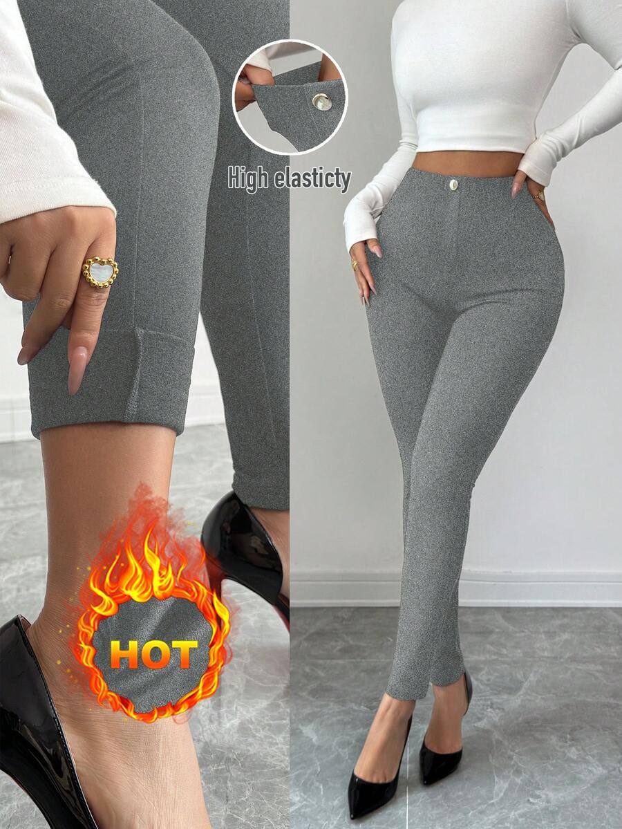 Elenzga Quần legging vải nhung tổng hợp lụa sữa thanh lịch cao cấp thiết kế giả có nút kim loại trang trí - Xám - Xem 1