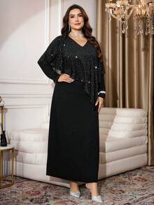 Modelyn Plus Size Elegant Party Sequin Patchwork Dress - Black and White - View 6