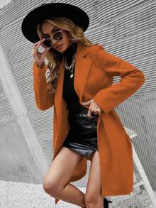 SHEIN Clasi 女士秋冬时尚纯色双排扣大衣 - 橘色 - 查看 6