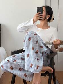 SHEIN 大码女式两件套睡衣套装，可爱小熊条纹印花纽扣上衣和阔腿裤，泰迪熊睡衣套装，女士可爱睡衣，秋冬服装 - 彩色 - 查看 3
