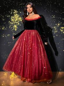 Viva Relle 大码女式露肩网眼飘逸长袖连衣裙，适合派对、婚礼宾客 - 彩色 - 查看 3