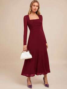 Amorya Damen elegantes A-Linien-Kleid mit quadratischem Ausschnitt und Langarm, Lila, geeignet für Partys, Herbst/Winter - Bordeaux - Übersicht 3