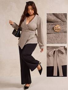 SHEIN LUNE Große Größen Jacke für Damen mit V-Ausschnitt, Revers, Fleecestoff, geraffter Taille und asymmetrischem Saum - Aprikosenfarben - Übersicht 1
