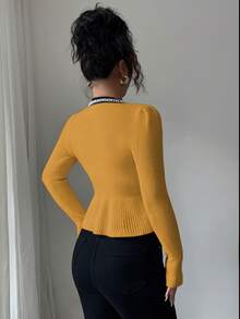 Elenzga Women's Contrast Color Round Neck Raglan Sleeve Elegant Pearl Waist Cardigan - Yellow - View 2