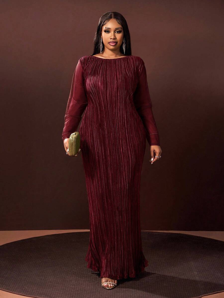 Veslaya 秋冬新品，优雅百搭，适合派对、约会、晚宴、毕业典礼、生日、婚礼等场合，宽松纯绿色网纱拼接长袖A字褶皱长裙，大码 - A - 紅色 - 查看 1