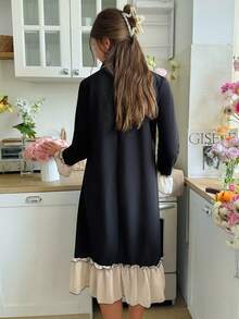 Color Block Ruffle Trim Half Placket Lapel Collar Long Sleeve Women's Nightgown, Moo Moo, Fall, Winter - Black - View 2