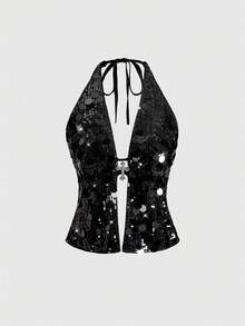 ROMWE Grunge Punk Punk Rock Diva Festival Outfit, Halter Neck Sexy Sequin Cross Pendant 2 Pieces Set For New Year Party, Millennium Y2K - Black - View 7