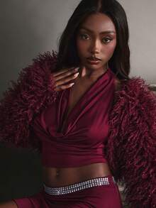 Hauture Sexy Party Night Out Halter Backless Plunge Neck Top - Burgundy - View 1
