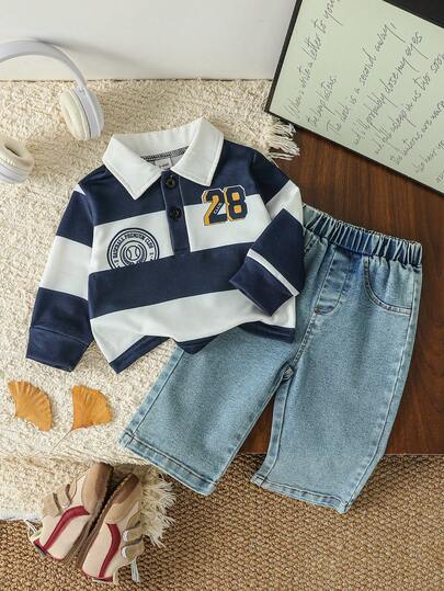 SHEIN Playful Pals 2pcs/Set Baby Boy Unisex Infant Baby Boy Casual Sports Collegiate Striped Polo Shirt And Blue Denim Jeans, With Badge And Numeral Print, Blue And White, Suitable For Layering With Jacket In Winter, Suitable For Sports, School, Vacation, Travel, Boys Autumn Outfit, Boys Outerwear, Versatile Baby Set Autumn Winter Season 24 Months Boy Set Baby Boy Casual Set Preppy Baby Boy Clothes