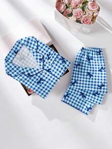 Genkimix Kids 女学生睡衣套装，可爱蝴蝶格子印花长裤和开衫，长袖休闲两件套家居服，适合青少年女孩 - 彩色 - 查看 3