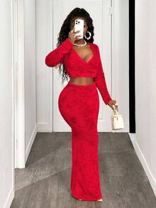 BamGleam Bộ 2 món áo crop top bồng bềnh và chân váy dài cho nữ - Đỏ - Xem 5