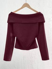 Franclia Nouveau Top pull à épaules dénudées, coupe slim, doux et minimaliste pour femmes, printemps/automne - Rouge foncé - Voir 2