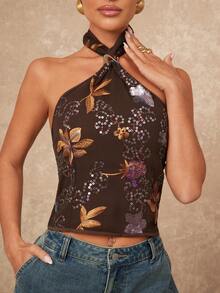 Lumalex 女士简约复古夏季泳装泳衣度假优雅复活节波西米亚风海滩户外热门层叠婚礼季宴会成人礼海滩海边女士金属装饰露背挂脖女士无袖棕色亮片刺绣褶皱修身编织挂脖上衣挂脖围巾上衣优雅亮片挂脖上衣 - 彩色 - 查看 7